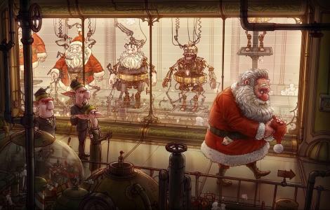 圣诞老人，植物，圣诞老人，邪恶的精灵，机器人，传送带，michal dziekan