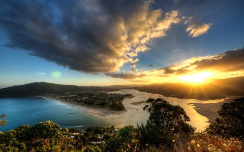 帕丘，泰鲁阿，新西兰，景观，海岸，日落，云