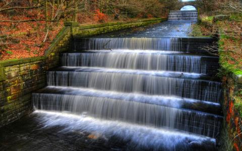 英格兰，公园，瀑布，秋天，楼梯