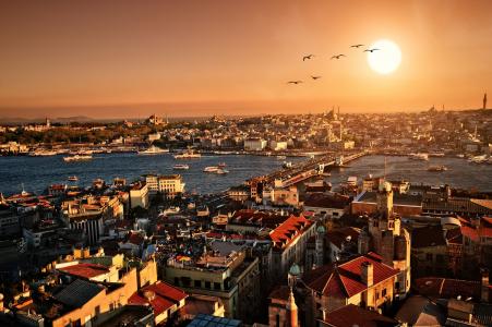 伊斯坦布尔，日落，晚上，全景图，城市，建筑，建筑，土耳其，伊斯坦堡，城市，风景