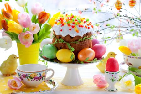 鲜花，蛋糕，郁金香，鸡蛋，пасха，多彩，复活节，春天