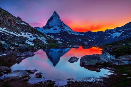 日落，景观，山，天空，马特宏峰，瑞士，阿尔卑斯山，马特宏峰，瑞士