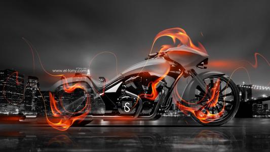3D.Moto，自行车，火，水晶，城市，自行车，橙色，埃尔托尼汽车，艺术，高清壁纸，Photoshop
