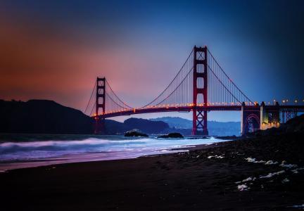 旧金山，加利福尼亚州，美国，金门大桥，加利福尼亚州，美国，自然，海洋，城市，桥，沙，景区，天空，日落，水，晚上，光