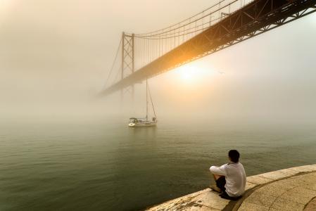 雾，早上，里斯本，桥，游艇