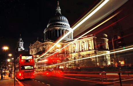 伦敦，城市，圣保罗大教堂，巴士，巴士，晚上