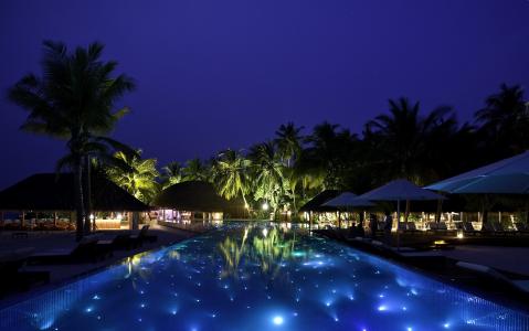 晚上，马尔代夫，热带地区，游泳池，灯光，室内