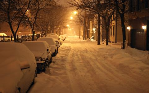 冬天，雪，路，汽车，家，灯，城市，树木