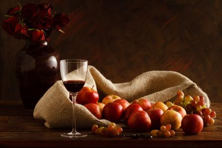 苹果，葡萄，酒，静物