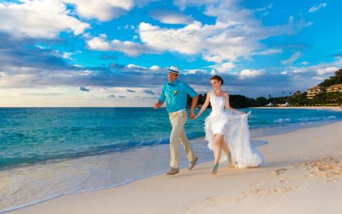 海洋，沙滩，新婚夫妇，幸福