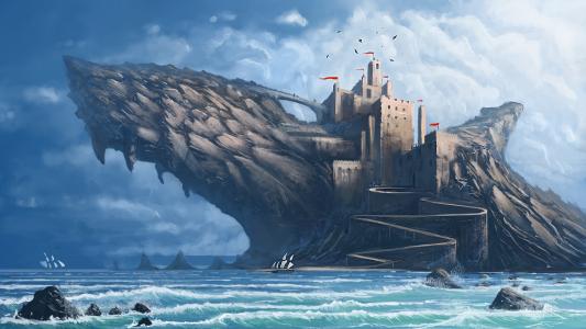 鲨鱼城堡岩石，艺术，城堡，海，船，幻想