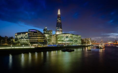 城市，夜，河，灯，伦敦