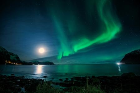 湾，夜，月亮，冰岛