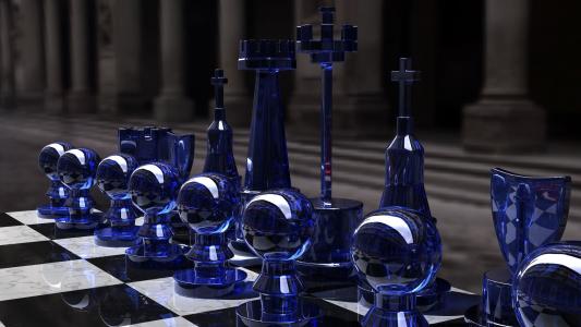 战略，国际象棋设置，蓝色方面，游戏，象棋，玻璃，渲染