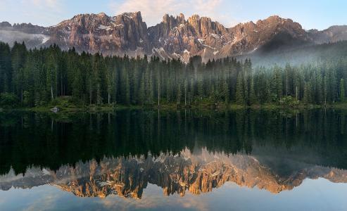 景观，山，森林，湖，反射，意大利