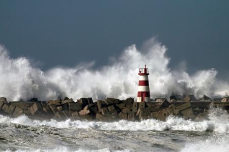 海，风暴，灯塔，土墩，码头，波，元素