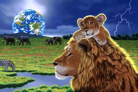 狮子，狮子，大象，斑马，行星，闪电，大草原