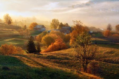 秋天，村庄，环境，烟雾，早上