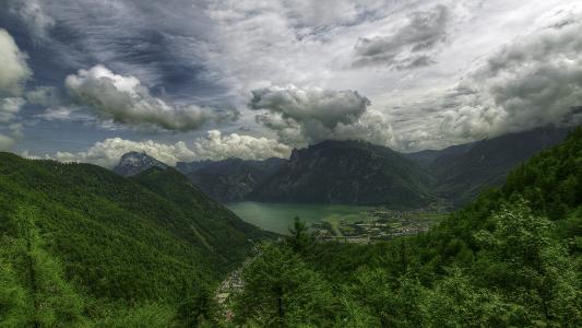 奥地利，阿尔卑斯山，山，天空，湖，树，景观