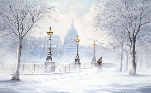 冬天，杰夫罗兰德，雪，林荫大道，绘画