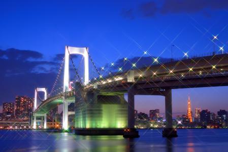 日本东京首都日本东京首都大城市桥梁灯光照明灯眩光海湾房屋建筑物夜晚蓝天空云彩