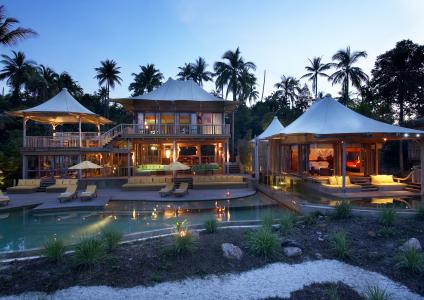 外部，晚上，房子，游泳池，室内，棕榈树