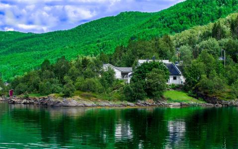 挪威，丘陵，房屋，河，森林，景观