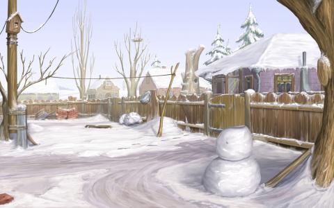 绘图，冬天，雪，房子，篱笆
