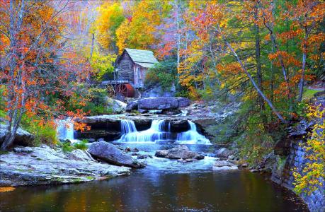 格莱德克里克谷磨坊，巴布科克州立公园，秋天，瀑布，水磨坊，景观