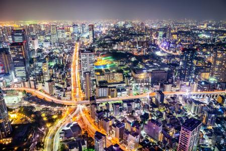 东京，日本，东京，日本，夜晚的城市，建筑，道路，全景