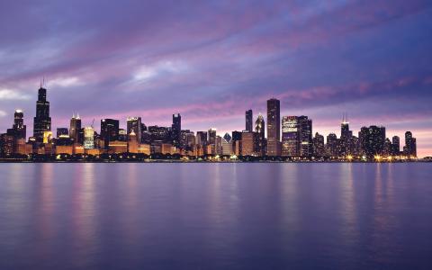 芝加哥，城市，夜，灯，美国