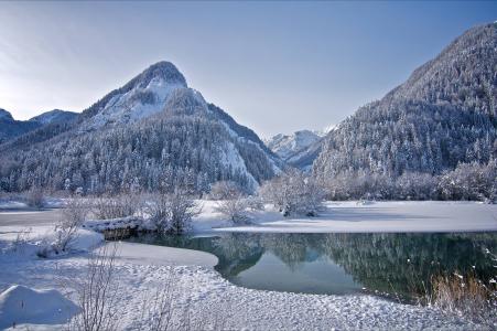 山，树，结冰的湖，冬天，景观