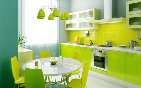 浅绿色的厨房，桌子，椅子