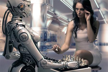 机器人，女孩，象棋，渲染，游戏