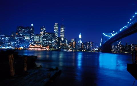 纽约，河，桥，夜，城市，曼哈顿，曼哈顿，纽约
