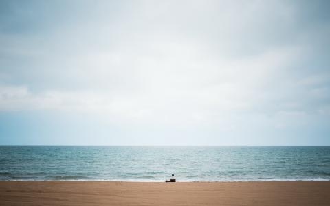 蓝色，大，湖，孤独，沙滩，男人，天空，孤独