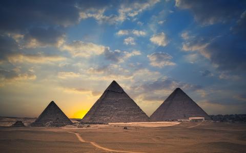 日落，金字塔，沙漠，埃及