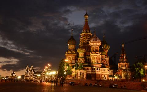 莫斯科，俄罗斯，圣巴索大教堂，红场，夜晚的城市，寺庙，大教堂