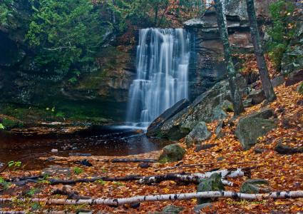 秋天，瀑布，岩石，树木，性质