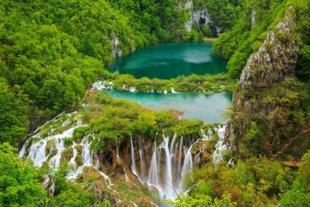 树木，瀑布，瀑布，国家公园，十六湖，克罗地亚，十六湖国家公园，克罗地亚