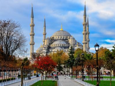 蓝色清真寺，苏丹艾哈迈德清真寺，伊斯坦布尔，土耳其，蓝色清真寺，苏丹艾哈迈德清真寺，伊斯坦布尔，土耳其，灯笼，树木，广场