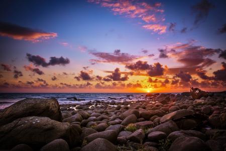 太阳，早晨，黎明，沙滩，石头，海