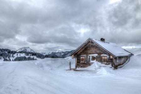 冬天，雪，小屋，寒冷