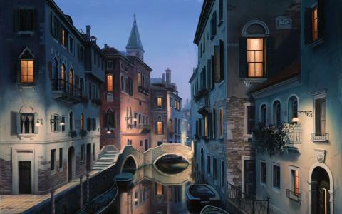 意大利，eugene lushpin，eugeny lushpin，威尼斯，夜梦，绘画