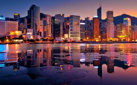 香港，日落，摩天大楼，湾，灯，晚上，香港