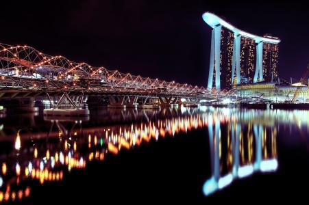 新加坡，夜，城市，新加坡，酒店，夜，灯，桥，水