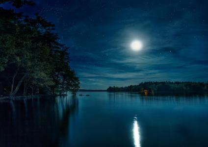 晚上，月亮，星星，天空，湖泊