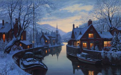 冬天，雪，树木，房屋，教堂，lushpin，河边的一家老旅馆，油画，evgeny lushpin