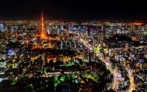 东京，城市，塔，晚上