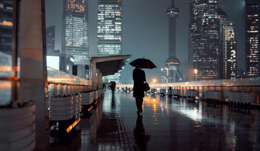 上海，上海塔，上海明珠塔，中国，摩天大楼，建筑物，夜景，灯光，街道，雨，伞，人，城市
